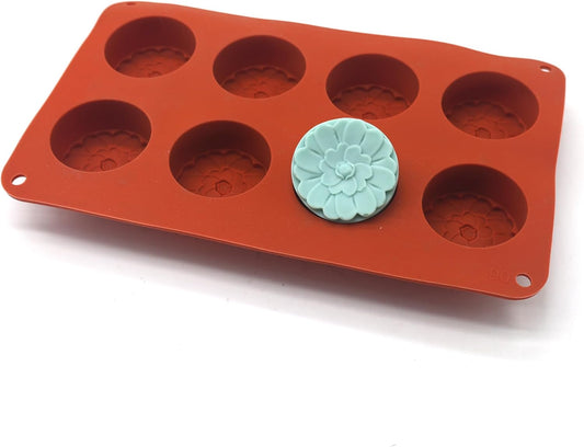 X-Haibei Flower Round Circle Silicone Mold - 8 Cavity for Soap Making, Lotion Bars, Wax, Resin - Floral Detailed Design, Food Grade Flexible Mold for DIY Craft & Cold Process - 3oz Per Cavity