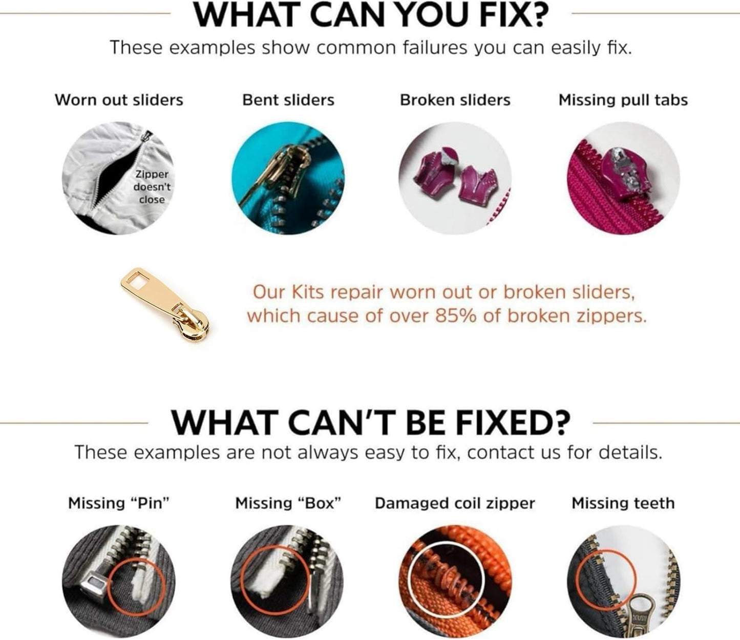 AKTIOIN Metal Zipper Repair Kit for Jackets, Luggage, Bags, Backpack, No Sewing Required Detachable Zip Heads Zipper Pull Replacement (#8 Golden)