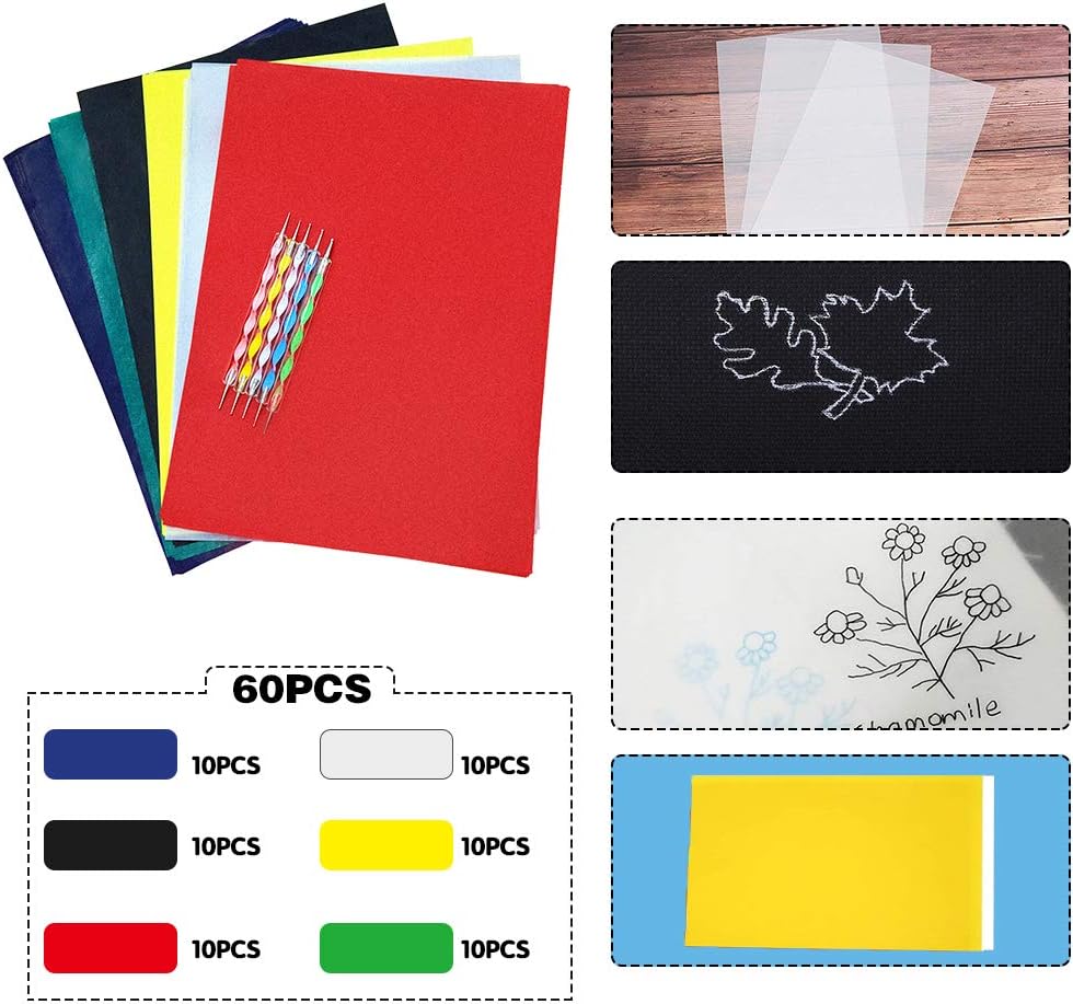 60 Sheets Carbon Transfer Paper,Tracing Paper Carbon Graphite Copy Paper with 5 Pieces Embossing Styluses Stylus Dotting Tools for Wood,Paper,Canvas and Other Art Surfaces 8.3 x 11.7 inches(6 Colors)