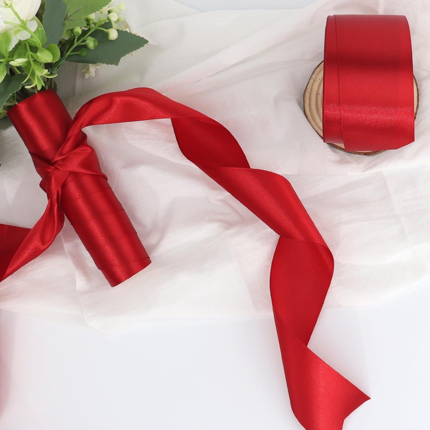 Deep red Solid Satin Ribbon 2 Inch 25 Yards Solid Polyester Fabric Ribbon for Gift Wrapping Wedding Christmas Baby Shower Birthday Party Decoration Handmade Immortal Flower Craft