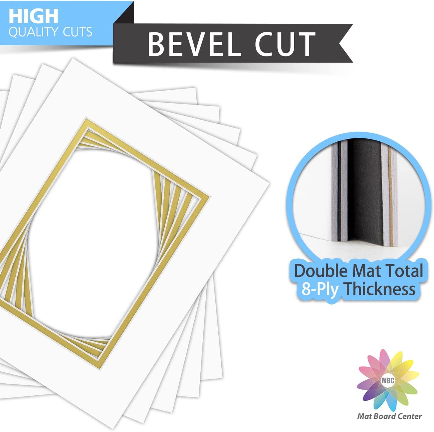 Mat Board Center, Double Mat - Acid Free, 8-ply Thickness, White Core - for Pictures, Photos, Framing (Off White Over Gold, 8x10 for 5x7, Pack of 5)