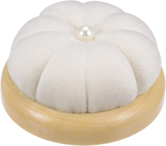 HARFINGTON Wooden Base Pin Cushion Japanese Style Cute Needle Holder Pincushions Round for Sewing Quilting Needlework DIY Crafts, Cream