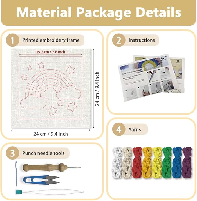 Doodlream Rainbow Star DIY Punch Needle Embroidery Kit for Adult Beginner, 9.4" Rainbow Punch Stitching Craft Set for Starter with Frame, Fabric Pattern, Threader, Yarn, Pinch Needle