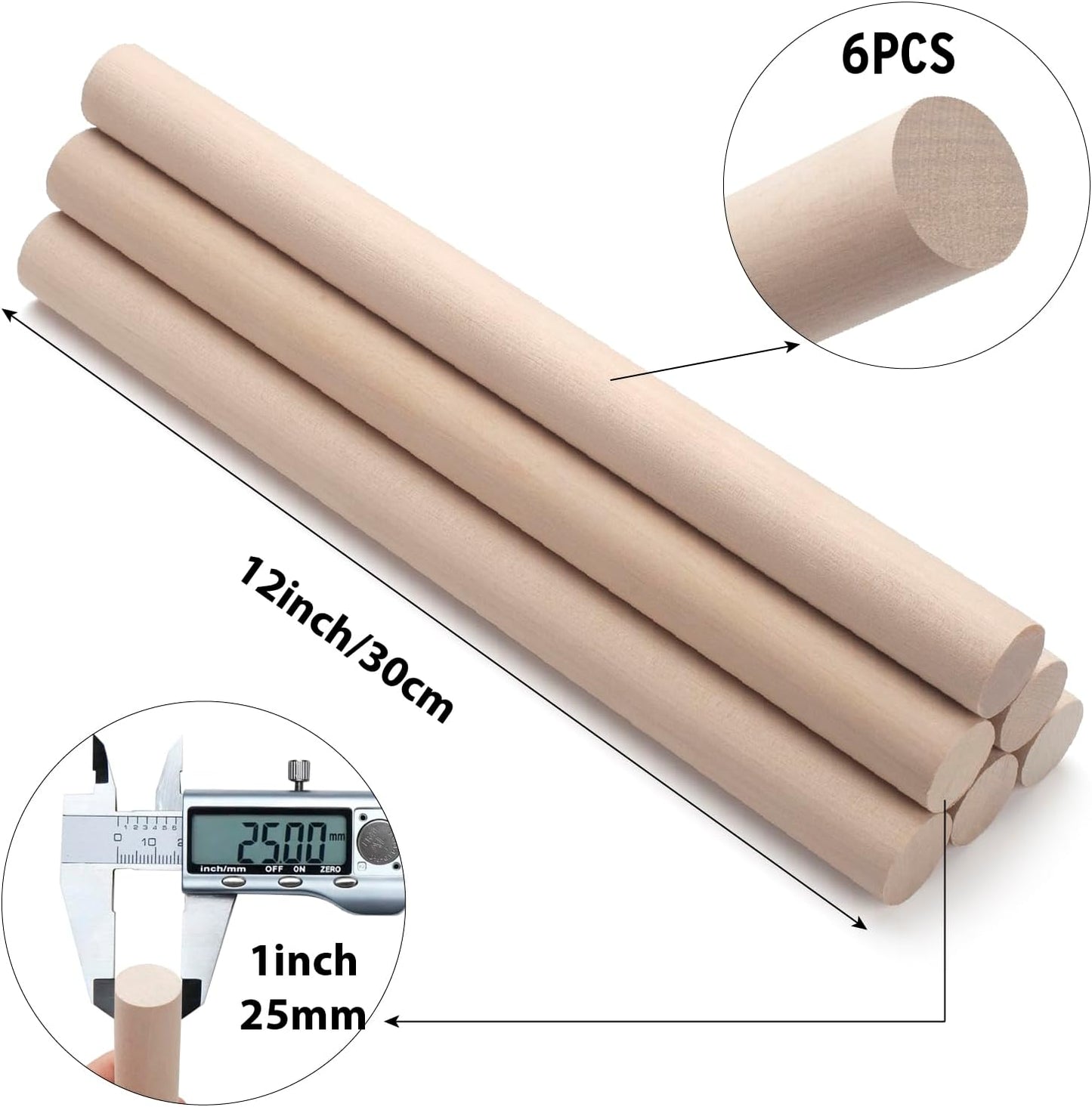 Wooden Dowel Rods Wood Dowels for Crafts, 6 PCS 1 x 12 Round Wooden Sticks for Crafts, Thick Macrame Dowels, Unfinished Hard Wood Sticks for Crafting, Arts and DIYers, Closets and Wedding