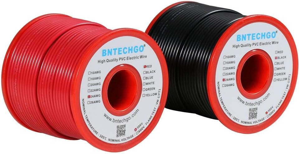 BNTECHGO 24 Gauge PVC 1007 Solid Electric Wire Red and Black Each 100 ft 24 AWG 1007 Hook Up Tinned Copper Wire