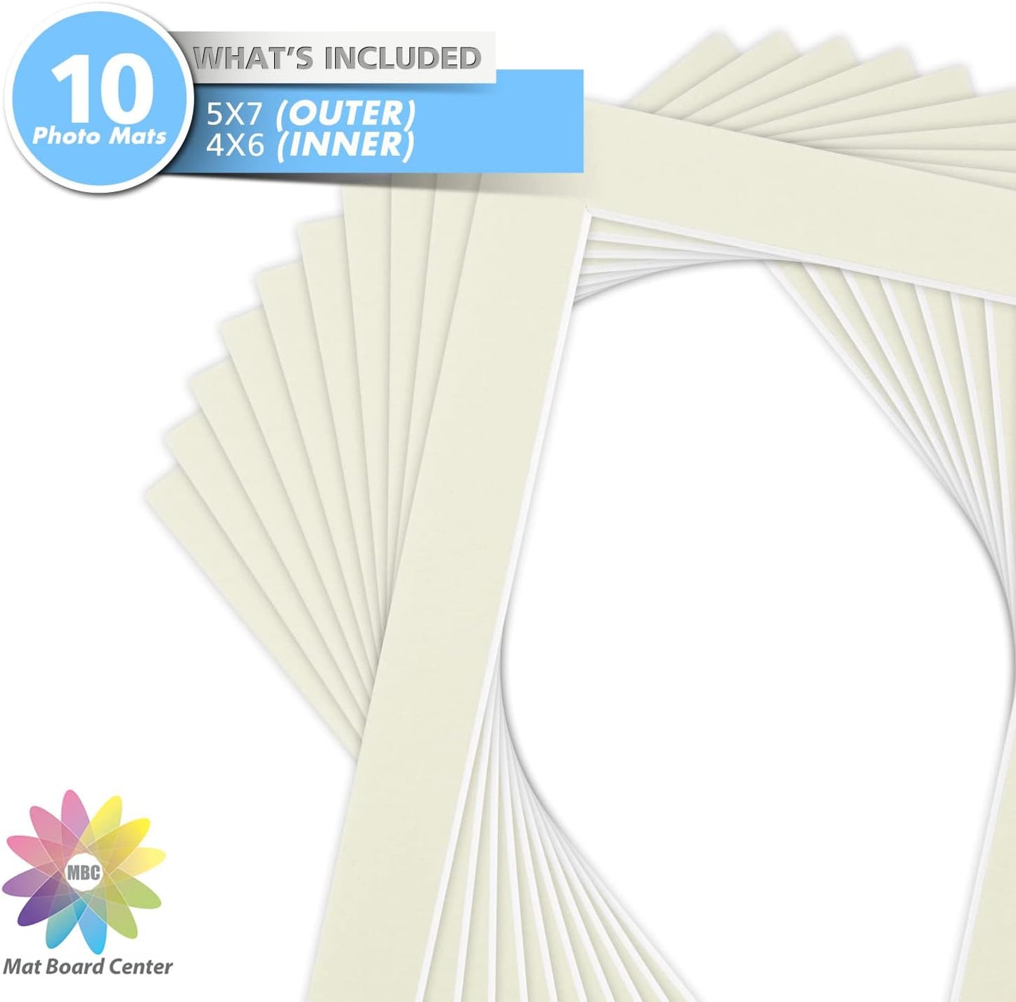 Mat Board Center, Pack of 10, 5x7 for 4x6 Light Gray Color Mats - Bevel Cut, Acid Free, 4-ply Thickness, White Core - for Pictures, Photos, Framing