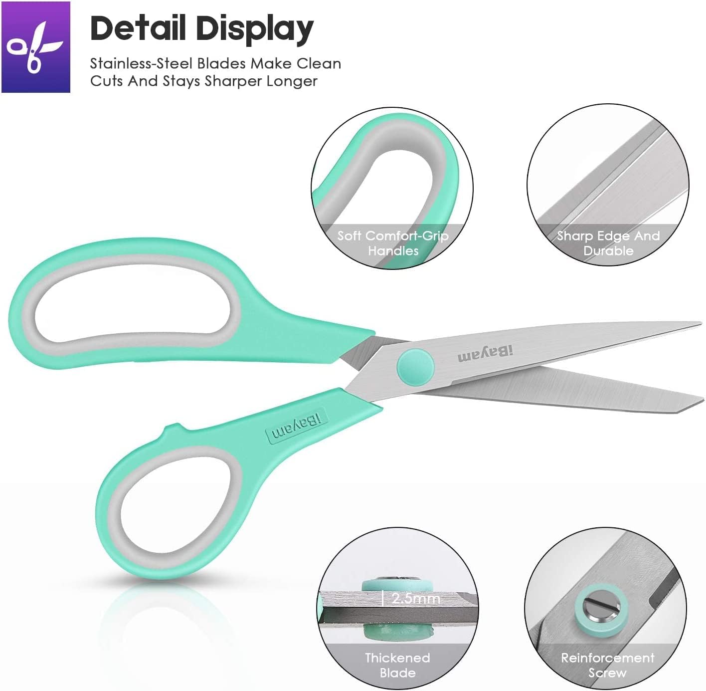 8 '' Multipurpose Heavy Duty Scissors Bulk 36-Pack, 2.5mm Thickness Ultra Sharp Blade Shears with Comfort-Grip Handles for Household School Office Supplies, Right/Left Hand Tools