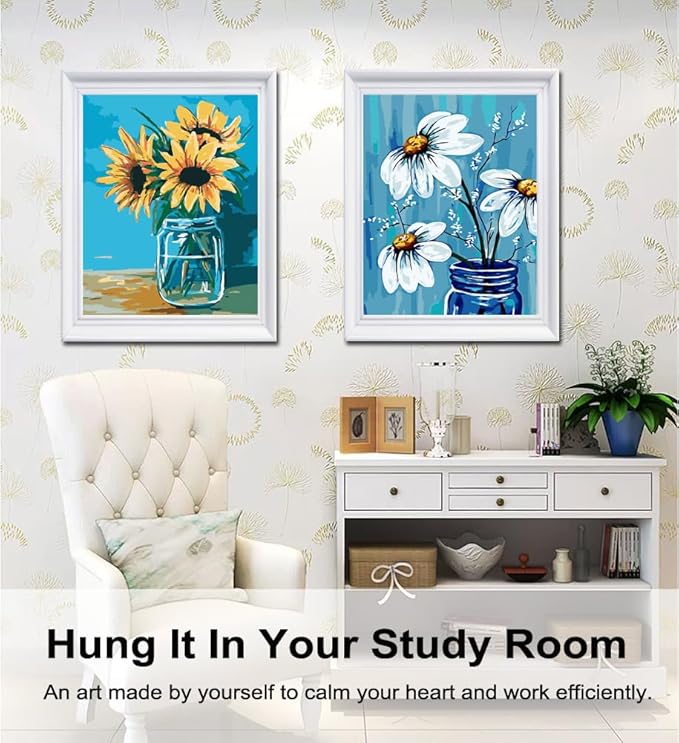 BAISITE Paint by Numbers Kit for Adults Beginners,12" Wx16 L 2 Pack Canvas for Painting Kits for Adults in Colorful Box-Daisy and Sunflowers 0304