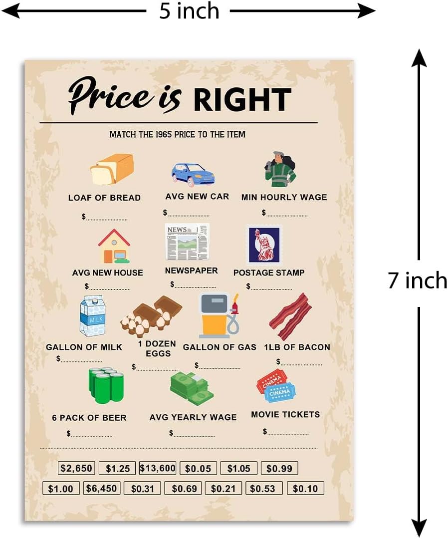 60th Birthday Party Games, Price is Right Games, Birthday Party Supplies for Adults, Fun 1965s Party Game，Pack of 30 Cards