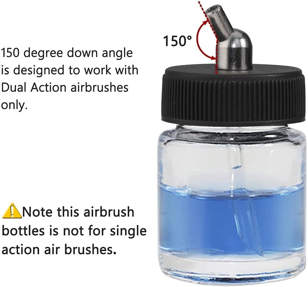 ABEST New 10PCS Airbrush Air Brush Glass Bottle Jar 22CC / Standard Suction Lid Empty 3/4 Ounce (22cc) Glass Jar Bottles with 30° Down Angle Adaptor Lid Assembly
