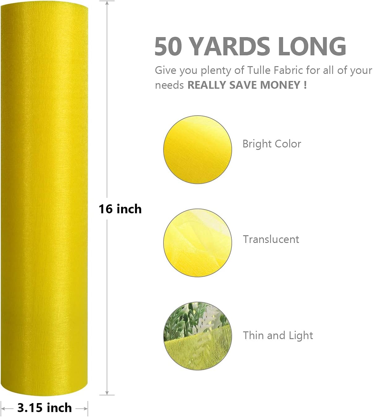 Crystal Organza Fabric Tulle - 16" by 50 Yards Sheer Fabric for Wedding Party Decoration Bridal Shower Tutu Roll Netting Spool Ribbon Wrapping (Yellow)