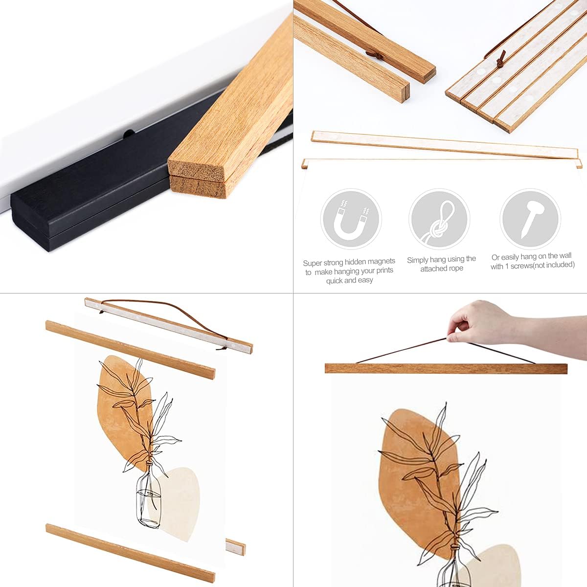 Ywlake Magnetic Poster Hanger, 36x48 36x24 36x12 Poster Frame Wood Wooden Magnet Print Posters Dowel Scroll Hanger Hangers Hanging Kit for Walls Map Canvas Artwork (Teak Wood, 36")