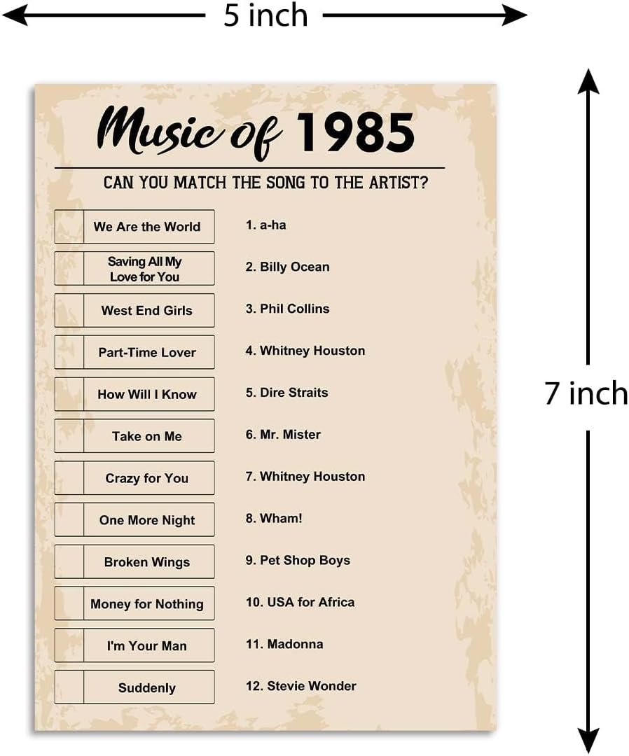 QUPT 40th Birthday Party Games, Music of 1985 Games, Birthday Party Supplies for Adults, Fun 1985s Party Game，Pack of 30 Cards