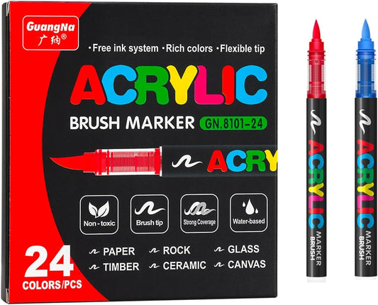 Acrylic Paint Markers Pens, 24 Vivid Colors Acrylic Markers Set,Direct Liquid Type, Stackable Color, Odorless Soft Head，Markers for School，Tooli Art ，Fabric & Creative Crafts (24)