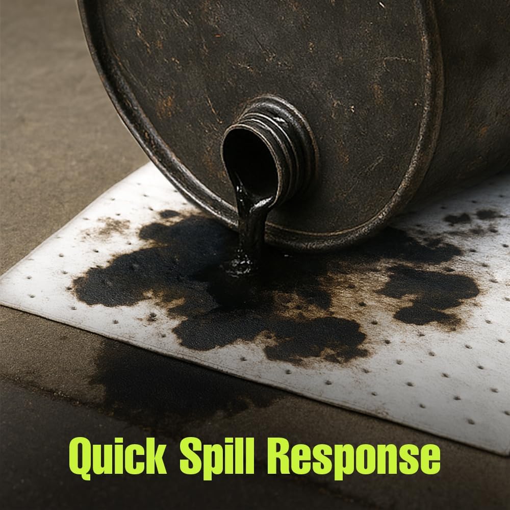 FLASHDRY Heavy Duty Oil Absorbent Pads - 300GSM/4mm (100 Pack, 17.5"x13.5") - Oil-Only Spill Pads for Garage, Marine, Automotive & Industrial Use - Fast Absorbing, Unsinkable, Cut to Size