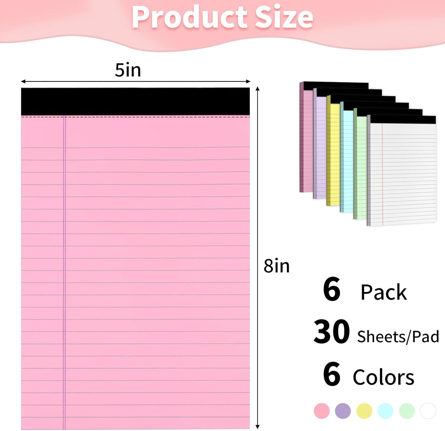 Legal Pads 5" X 8", 6 Pack Colored Note Pads, College Ruled Yellow Lined Paper Pads, Letter & Legal Ruled Pads, 30 Sheets per Small Writing Pads 5x8 for School, Home, Office, Business
