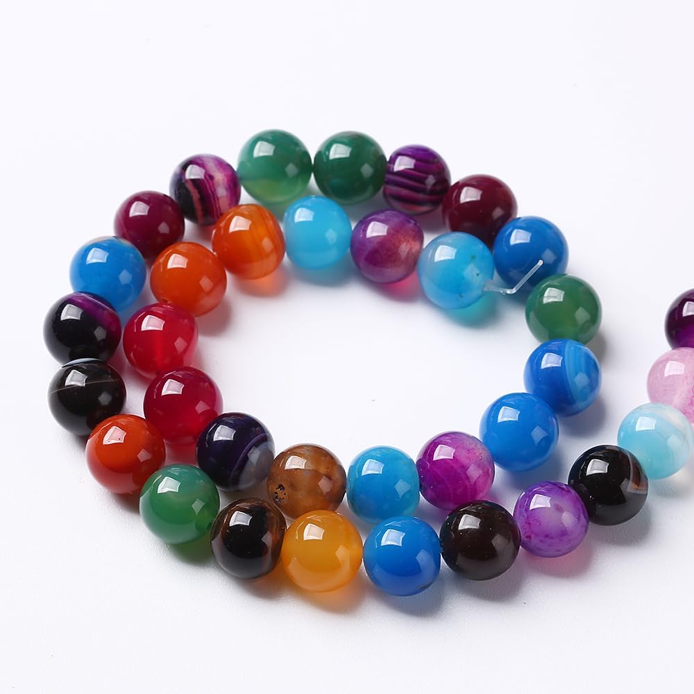 36pcs 10mm Natural Multicolor Stripe Agate Beads for Jewelry Making Natural Stone Energy Healing Beads DIY Bracelet Necklace 15" (10mm, Multicolor Stripe Agate)