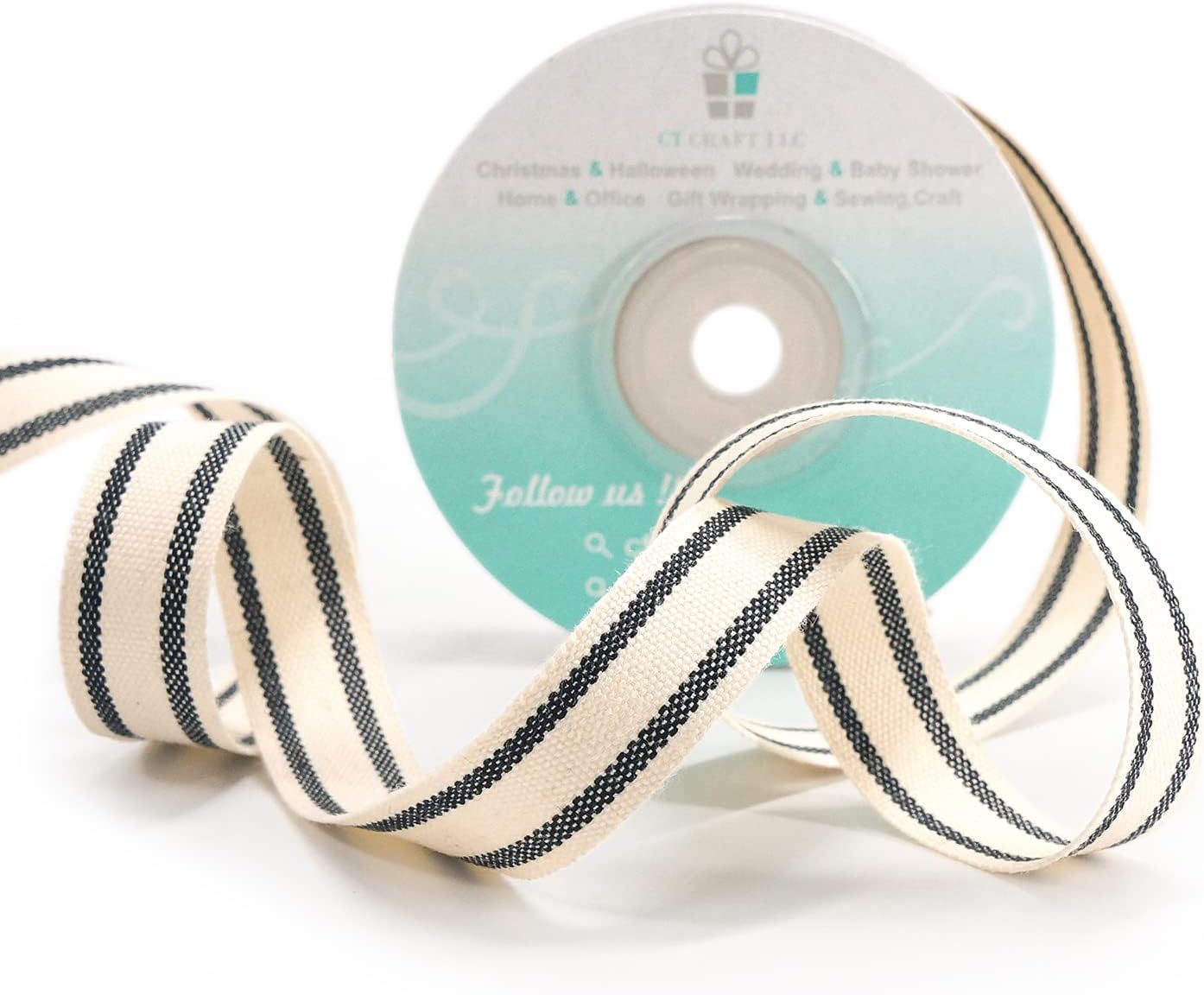 CT CRAFT LLC Ivory Cotton Black Stripes Ribbon 5/8" x 10 Yards for Home Décor Gift Present Wrapping DIY Crafts Birthday Wedding Bouquet Christmas