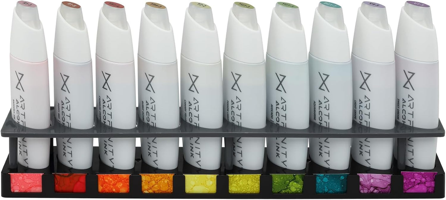 Artfinity Alcohol Ink Sweet Tooth Set of 10 Colors (25 ml) with Free Acrylic Stand - for Painting or Alcohol Marker Refill Ink, Acid-Free, Fast-Drying, Permanent, Transparent, Swatch Template