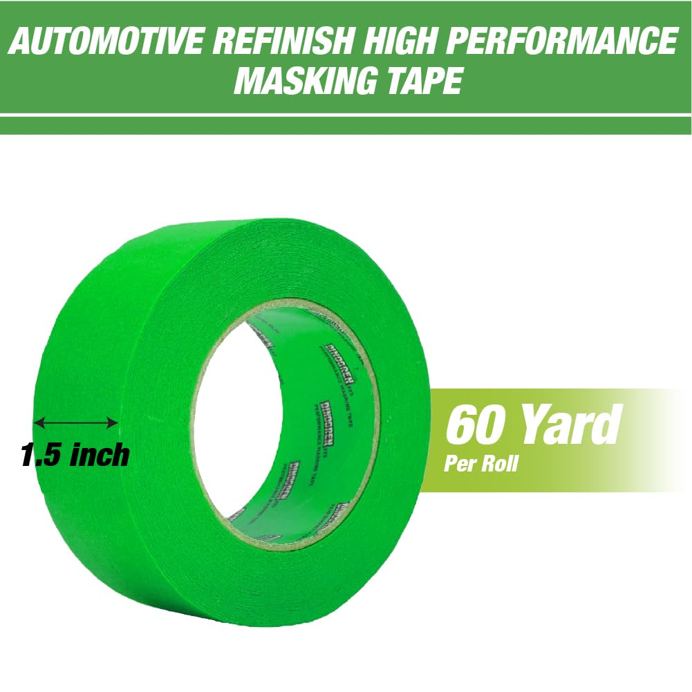 LAUCO DINOGREN High Performance Masking Tape for Car Paint, Heat & Water Resistant, Multi-Purpose Green (1.5 in x 60 yd, 6 Rolls) – Clean Removal, Auto Body Shop, Industrial Use, Crepe Backed*