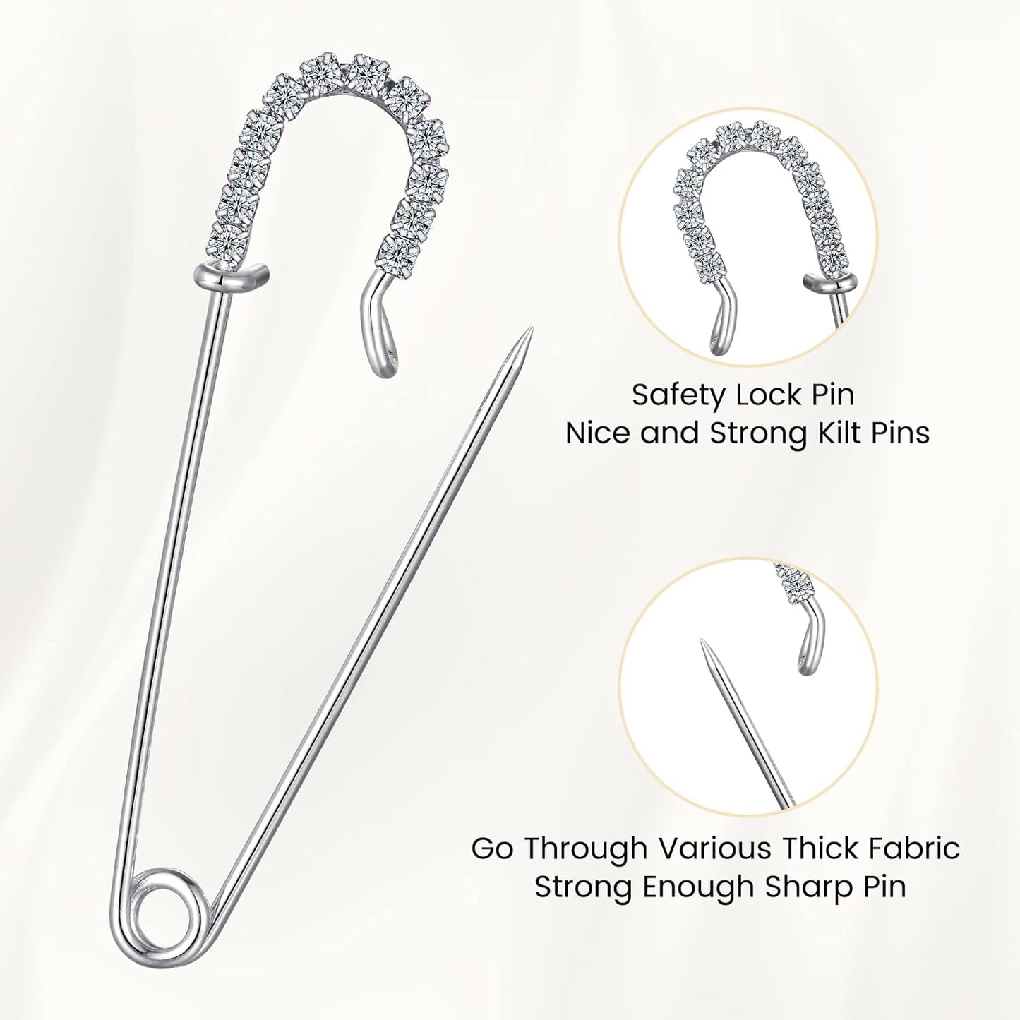 Housweety 10 Silver Tone Rhinestone Safety Pins Brooches 6.5x1.8cm