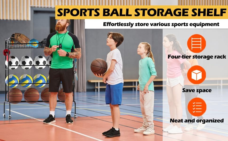 Ball Storage - 22.83" Basketball Cart With Wheels Garage Volleyball Storage Sport Equipment Holder Organizer For Indoor Outdoor,Metal Storage Rack For Playgroup,Gym And School