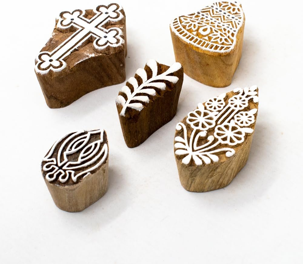 Wooden Indian Traditional Design Printing Stamps - Stamp Block for Printing Saree Border/Dresses/Craft Card Making/Scrapbook/Clay Pottery (Set of 5) Hashcart®