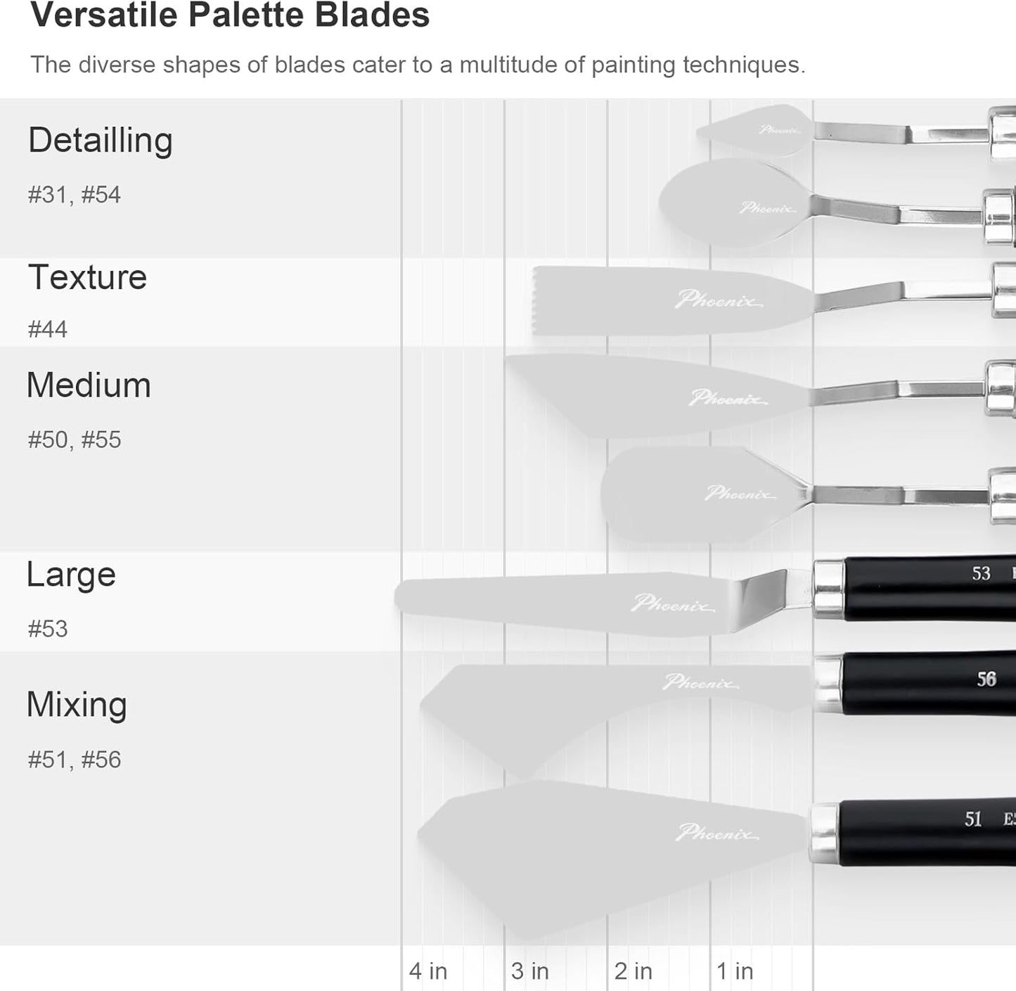 PHOENIX High Flexible Palette Knife Set, 8 Pieces Stainless Steel Painting Knives (32,54,55,50,44,56,53,51) Art Knife with Wood Handle, Paint Spatula for Oil Acrylic Paint