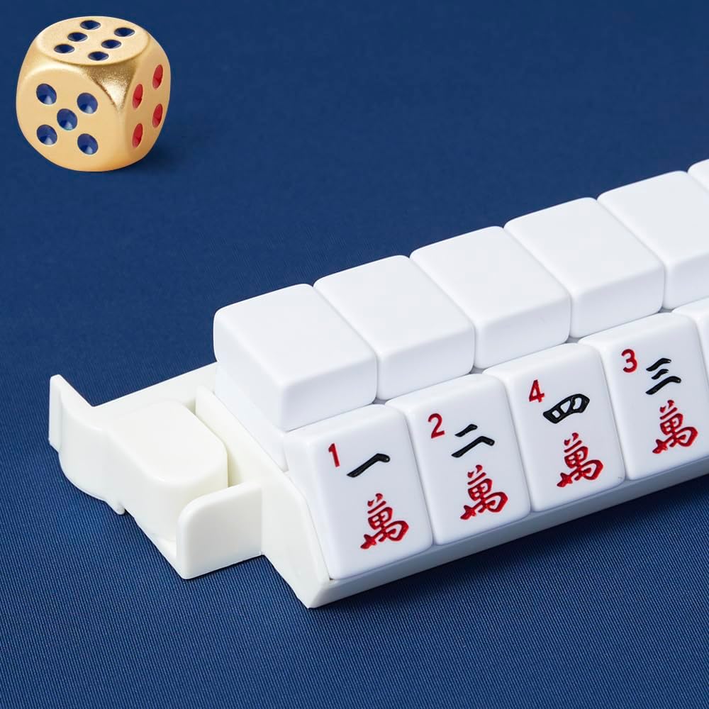 Mahjong All-in-One Tile Rack & Pusher, Acrylic Mahjong Combo, Enhanced Mah Jongg Tile Holders Set of 4 with 3 Goldern Dics (Beige White)