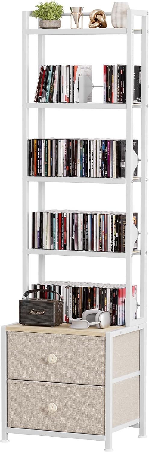 CD Storage Rack with Drawer, 5-Tier DVD Organizer Shelf w/Adjustable Book Stoppers, Media Storage Rack for CD/DVD, Books & Games, Ideal for Living Room & Home Office – 15.7x11.8x56.5Inches