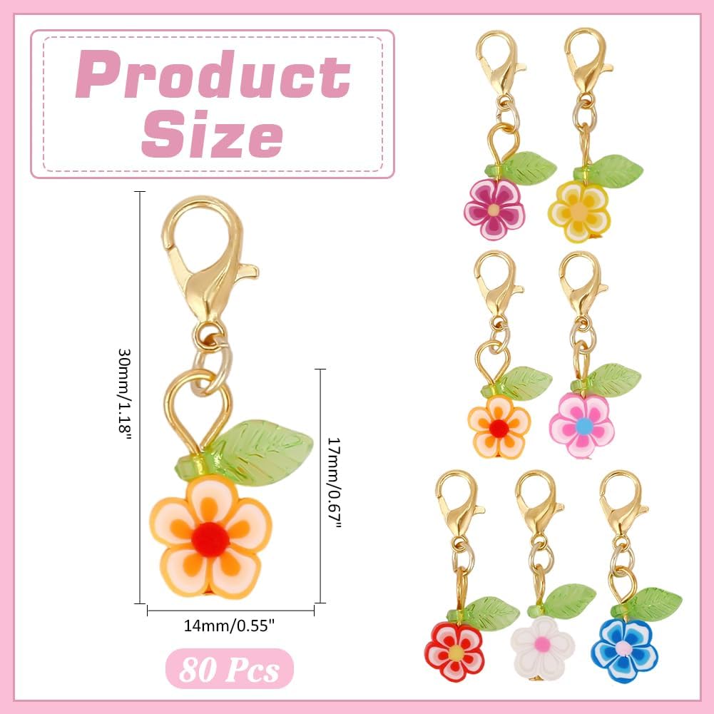 80Pcs Flower Stitch Markers Charms Handmade Polymer Clay Pendant Decorations Alloy Lobster Claw Clasps Charms Knitting Crochet Notions Clip On for Weaving Sewing Bag Ornaments