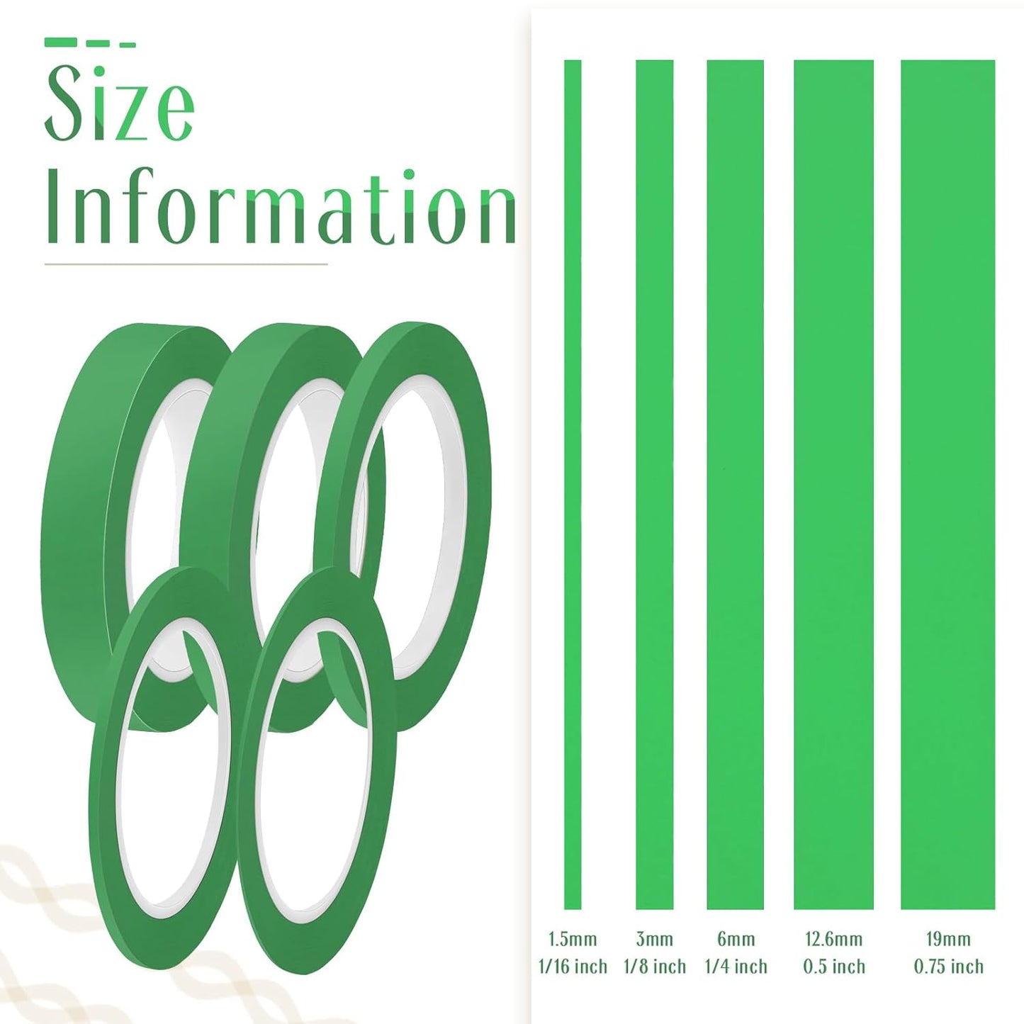 Xuniea 5 Rolls of Vinyl Tape Masking Tape Automotive Car Auto Paint for Curves, High Temperature Vinyl Low Tack(1/16 Inch, 1/8 Inch, 1/4 Inch, 1/2 Inch, 3/4 Inch,Green)