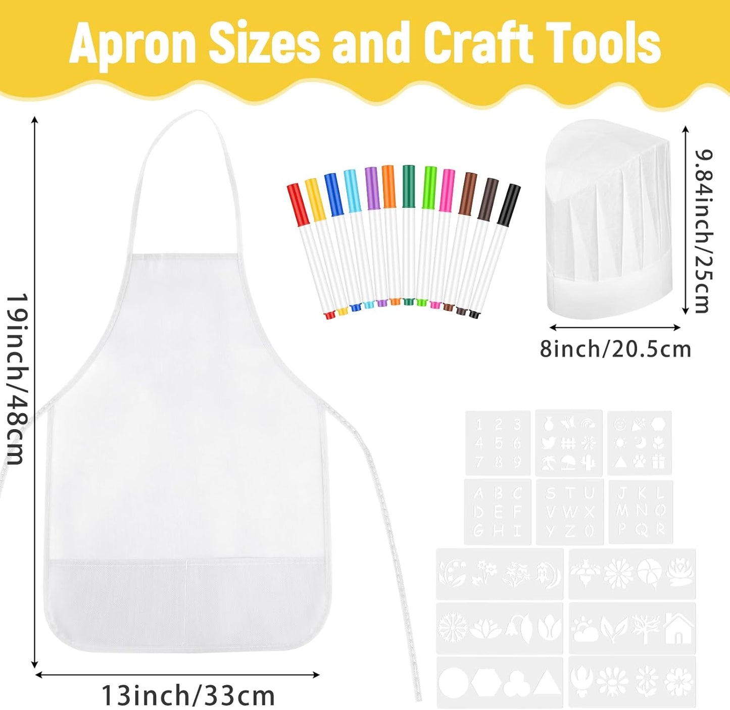 72PCS DIY Kids Chef Hat and Apron Set Kids Painting Aprons with Colored Pen and Crafts Template for Baking Painting Craft