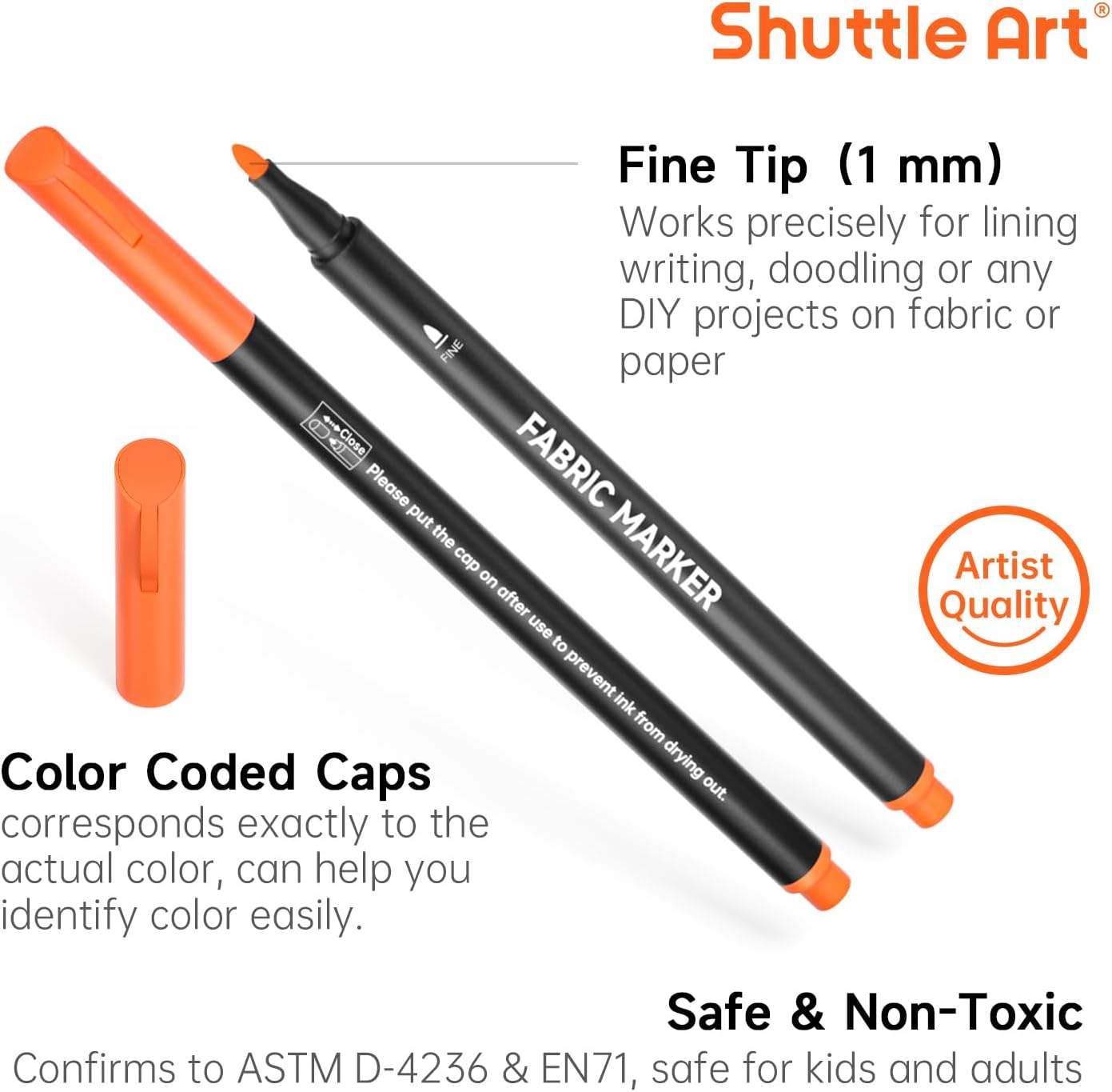 Shuttle Art 36 Colors Fabric Markers, Permanent Shirt Markers for Clothes Sneakers Jeans with 11 Stencils 1 Fabric Sheet, Fabric Pens for Kids Adult Painting Writing