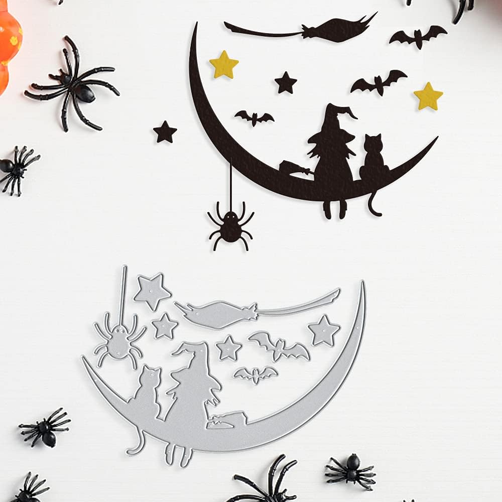 Metal Halloween Die Cuts Moon Cat Spider Star Witch Cutting Dies Embossing Stencil Template for Card Making Scrapbooking Paper Craft Album Stamps DIY Halloween Décor