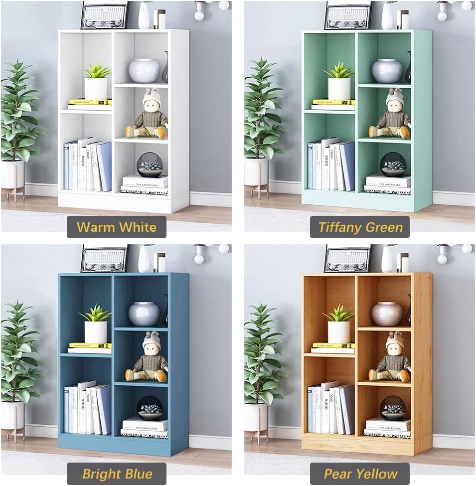 IOTXY Open Shelf Low Bookcase - Wooden 3-Tier Floor Standing Display Cabinet Organizer with Base, 5 Cubes Short Horizontal Bookshelf in Tiffany-Green