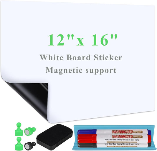 White Board Sticker Adhesive Backing, 12" x 16" Magnetic Dry Erase Board Contact Paper Stick on Wall, Whiteboard Sheet for Teacher Kids Classroom, Include Markers, Eraser with Magnet
