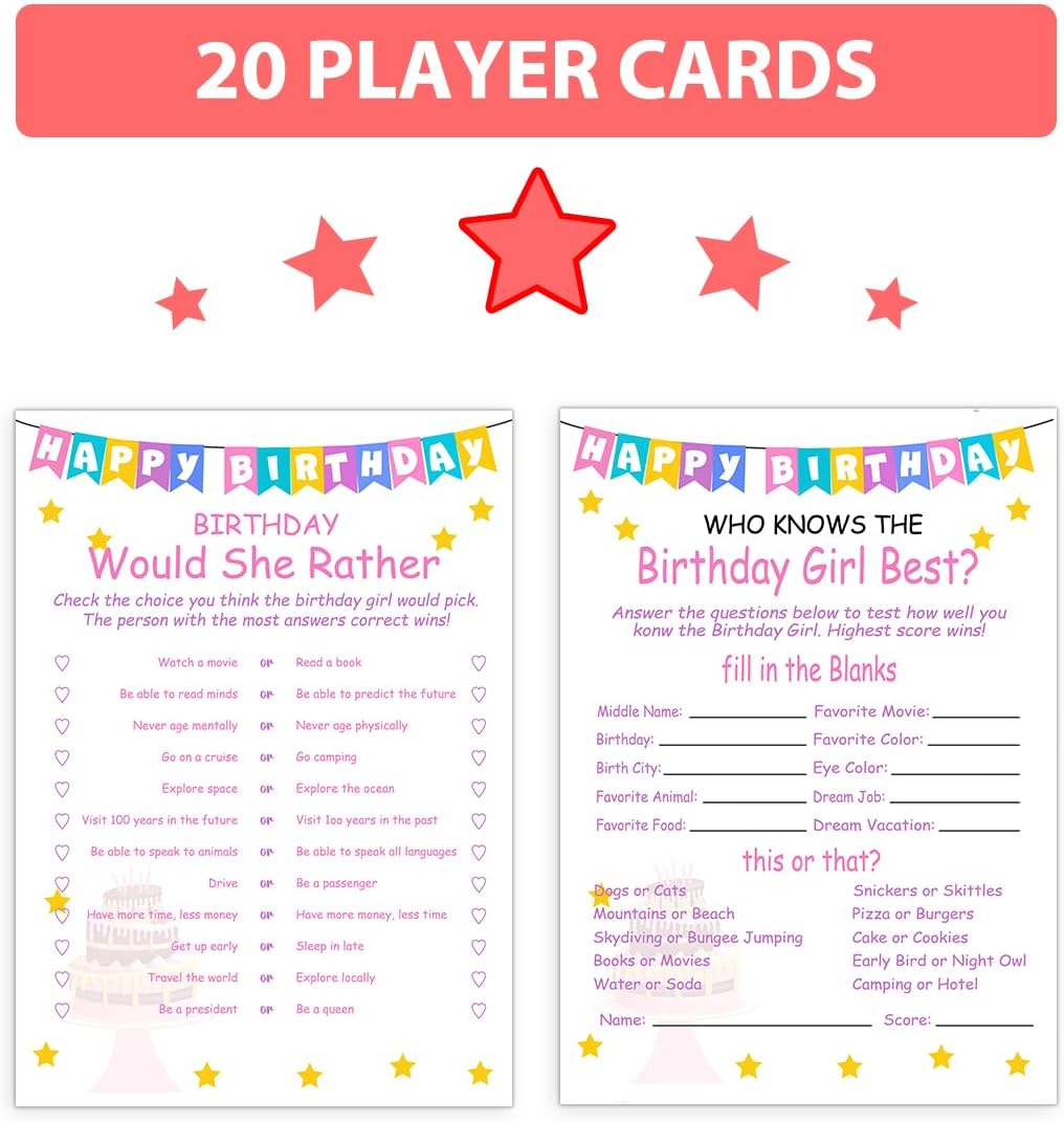 Birthday Party Games Set for Girls- 20 Birthday Double Sided Games Cards Set- Girls Birthday Party Activity Notebook Themed Party Activity and Idea - Girl Birthday Party Supplies, Decorations