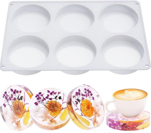 Resin Coaster Molds, 6-Cavity Silicone Coaster Molds for Epoxy Resin, Large DIY Deep Round Silicone Mold for Art Home Decoration