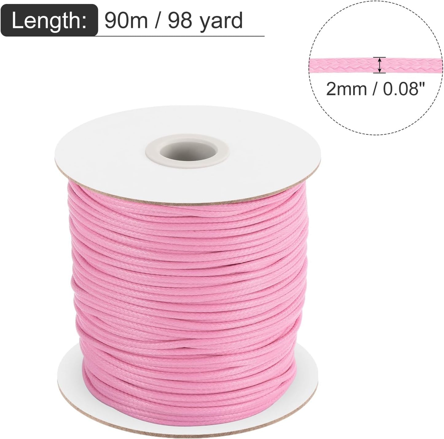 MECCANIXITY Waxed Cord 2mm Waxed Polyester Cord 98 Yard Wax String for Bracelet Making, Necklaces, Beading, Jewelry Making and DIY Crafts(Pink)
