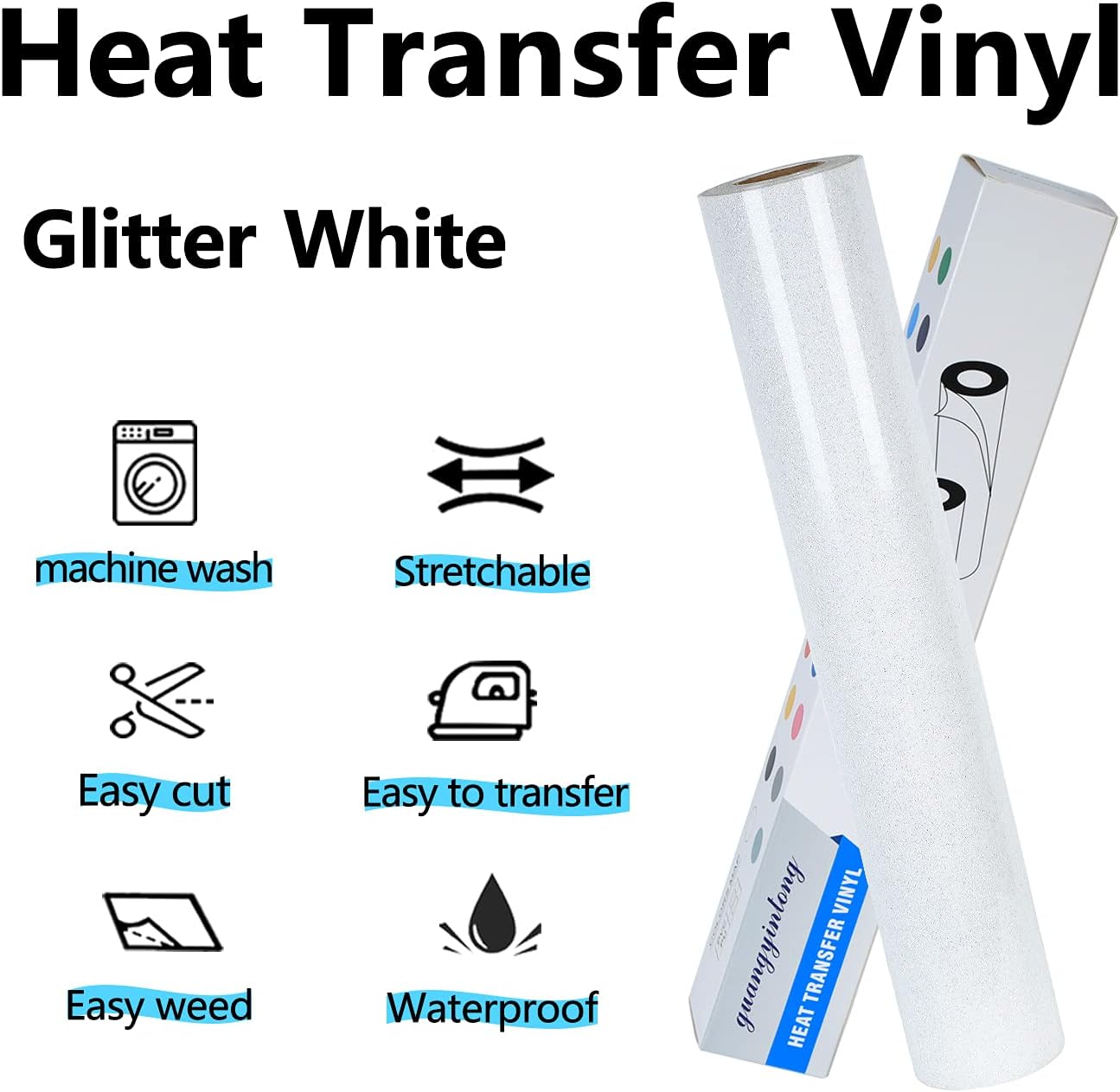 guangyintong Glitter White Heat Transfer Vinyl HTV Rolls, 12" x 8ft Iron on Vinyl for T Shirts Glitter White HTV Vinyl for All Cutter Machines Easy to Cut & Weed for Heat Vinyl Design