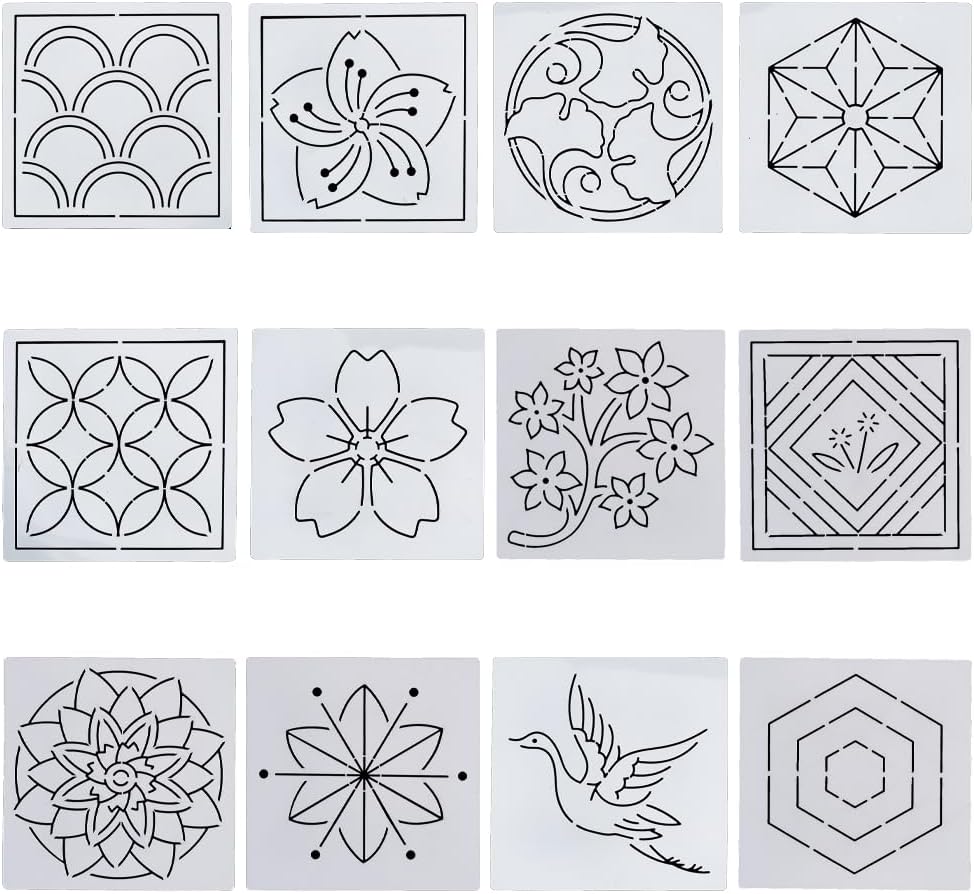 FREEBLOSS Sashiko Embroidery Stencils Sashiko PET Stencil Flowers Embroidery Patterns Stencils for Drawing Sashiko Template for Hand Quilting and Embroidery 14x14cm