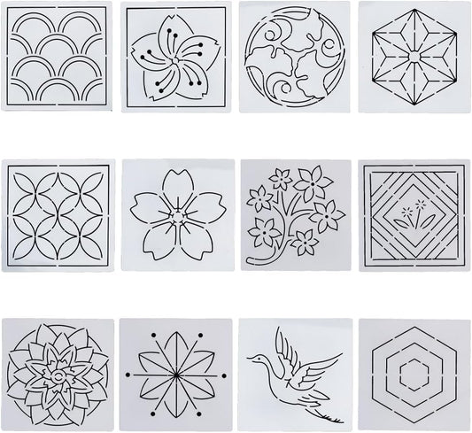 FREEBLOSS Sashiko Embroidery Stencils Sashiko PET Stencil Flowers Embroidery Patterns Stencils for Drawing Sashiko Template for Hand Quilting and Embroidery 14x14cm