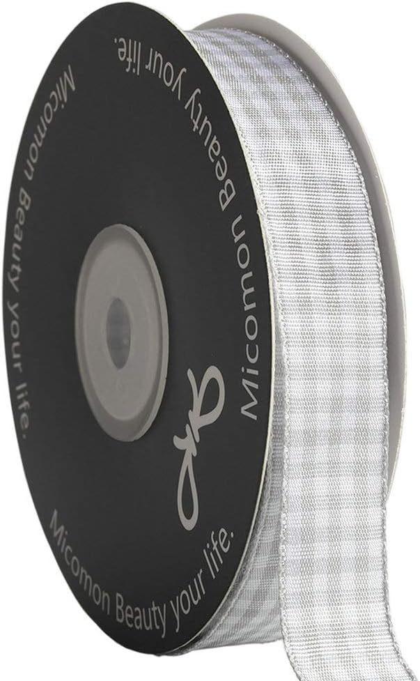 Gingham Ribbon - Gray and White, 25 Yards Each Roll, 100% Polyester (5/8")