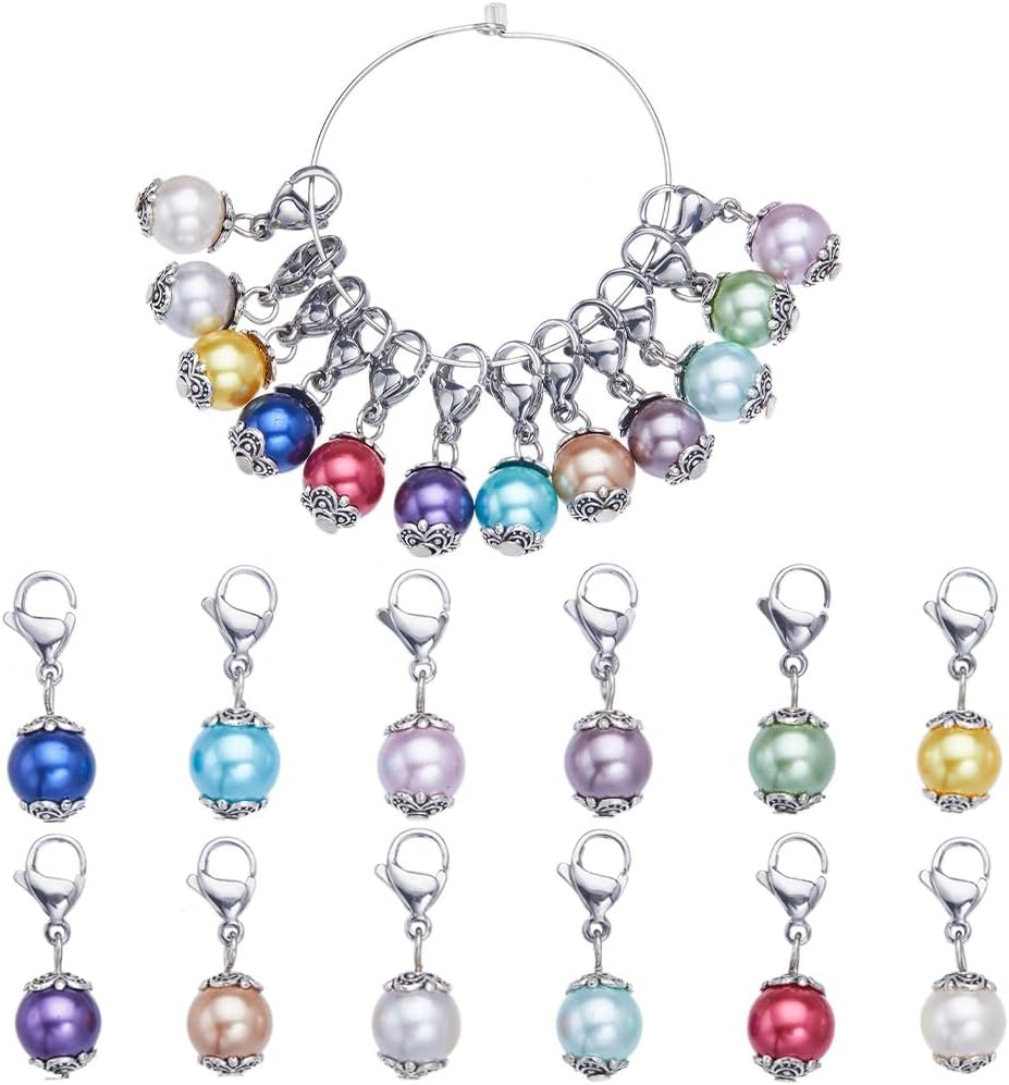 SUNNYCLUE 1 Box 24Pcs Locking Stitch Marker Knitting Markers Charms Glass Pearl Locking Stitch Markers Lobster Claw Clasps Knitting Charms for Knitting Weaving Sewing Needleworks Women Adult DIY Craft