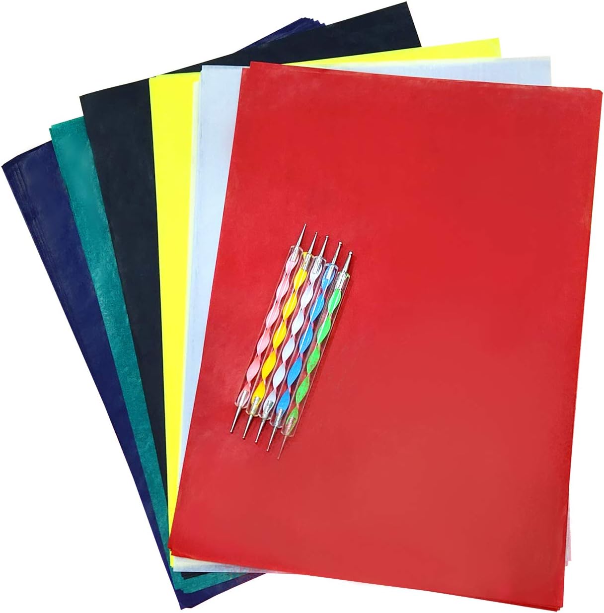 60 Sheets Carbon Transfer Paper,Tracing Paper Carbon Graphite Copy Paper with 5 Pieces Embossing Styluses Stylus Dotting Tools for Wood,Paper,Canvas and Other Art Surfaces 8.3 x 11.7 inches(6 Colors)