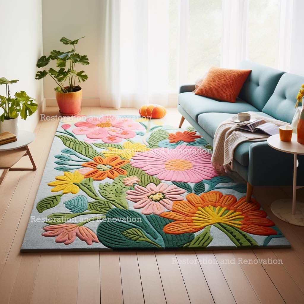 Handmade Wool Floral Area Rug for Living Room | Elegant Flower Garden Design, Soft, Thick and Durable | Bedroom, Dining Room & Home Decor Carpet (5' x 7', Floral F)