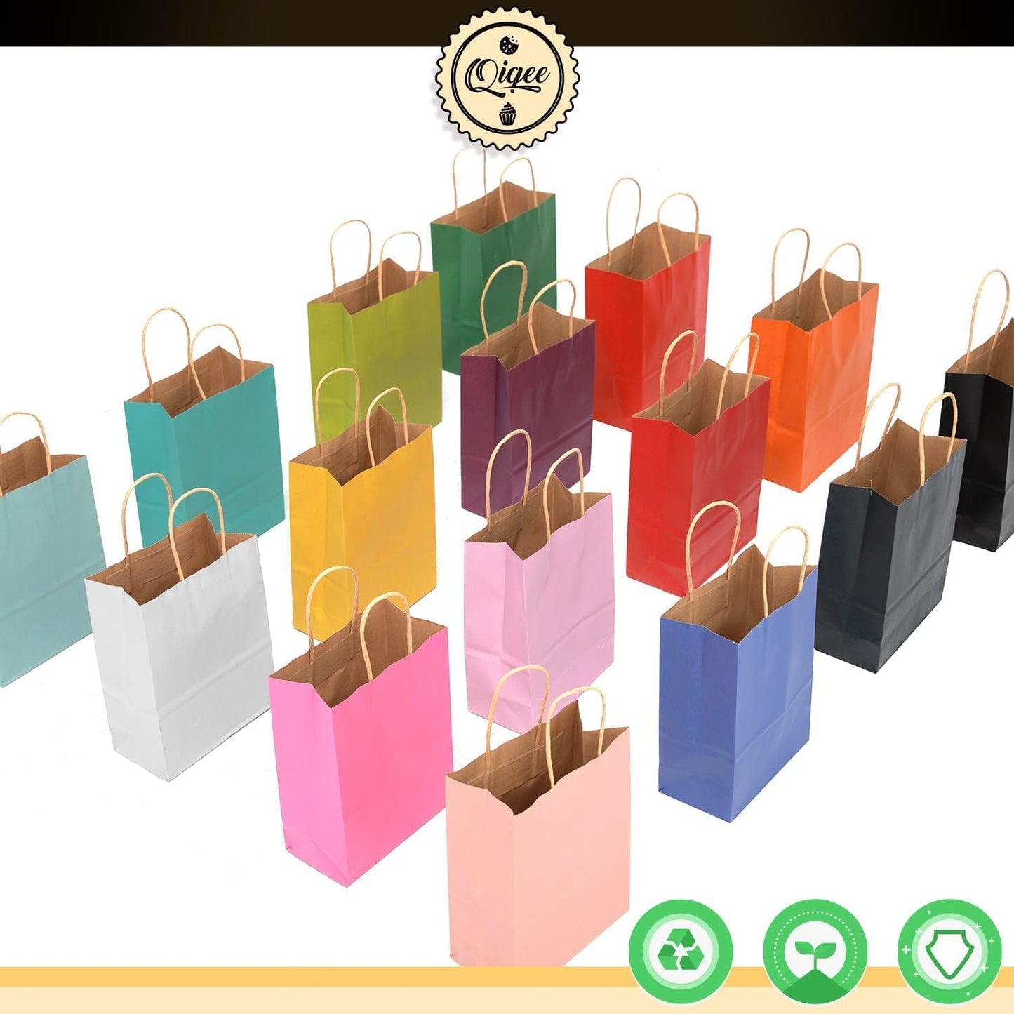 qiqee 60 pcs Kraft Bags with Handles 7.6"x4.75"x10.5" Medium Gift Paper Bag 16 Different Solid Color Bags