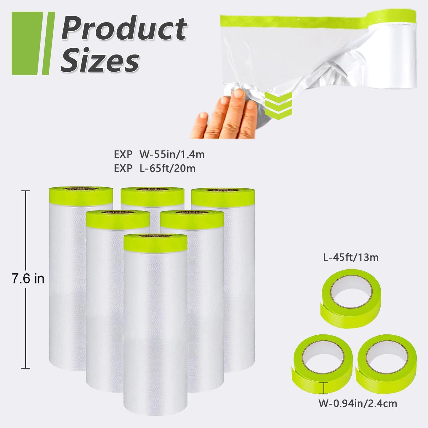 Pre-Taped Masking Film-55inx65ft Tape and Drape Painters Paper Rolls, Plastic Painting Film for Automotive Painting Covering （Masking Film:6rolls,Tape:3rolls）