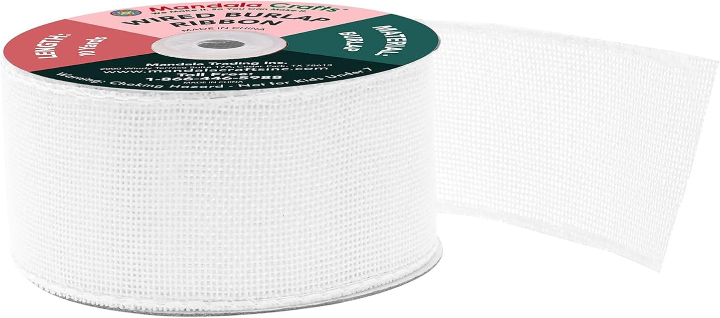Mandala Crafts White Burlap Wired Ribbon 2 Inches Wide Jute Ribbons for Crafts - 10 Yds Roll Rustic Burlap Wrap Trim Ribbons for Wreaths Bows Party Decoration